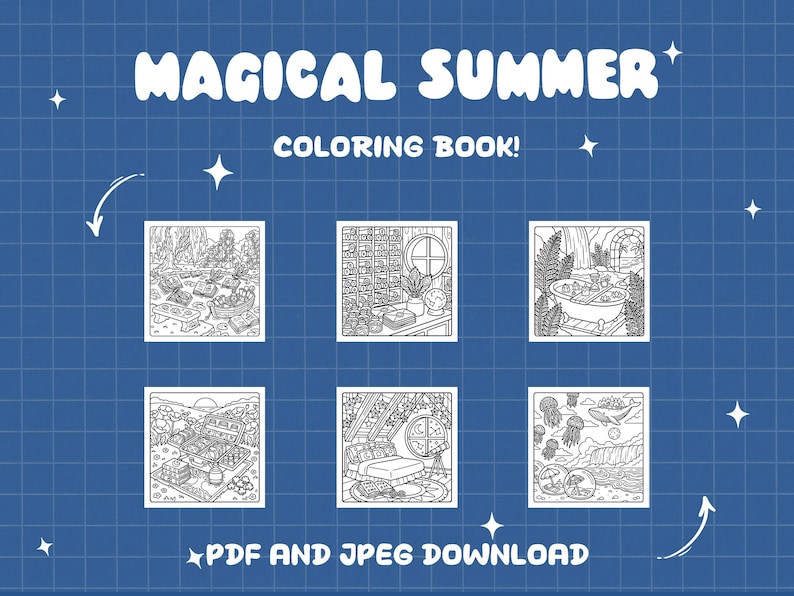 May include: A blue background with the words "MAGICAL SUMMER COLORING BOOK!" in white. Below are six black and white illustrations of scenes, with the text "PDF AND JPEG DOWNLOAD" at the bottom.