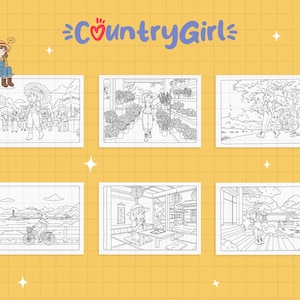 May include: A black and white coloring book page featuring six different scenes. The scenes include a girl walking through a flower market, a girl walking through a forest, a girl riding a bicycle, a girl sitting in a Japanese tea room, and a girl sitting on a porch overlooking a lake. The coloring book page is titled "Country Girl".