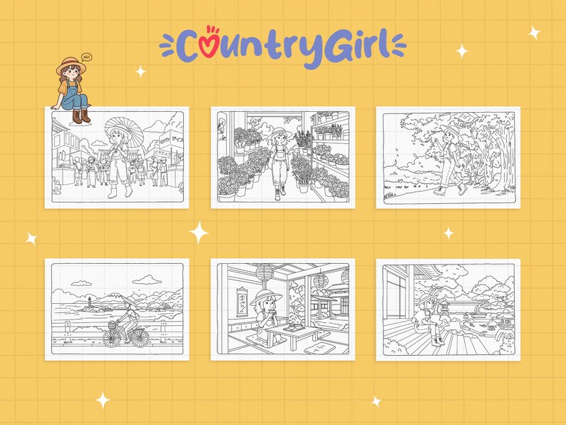 May include: A black and white coloring book page featuring six different scenes. The scenes include a girl walking through a flower market, a girl walking through a forest, a girl riding a bicycle, a girl sitting in a Japanese tea room, and a girl sitting on a porch overlooking a lake. The coloring book page is titled "Country Girl".