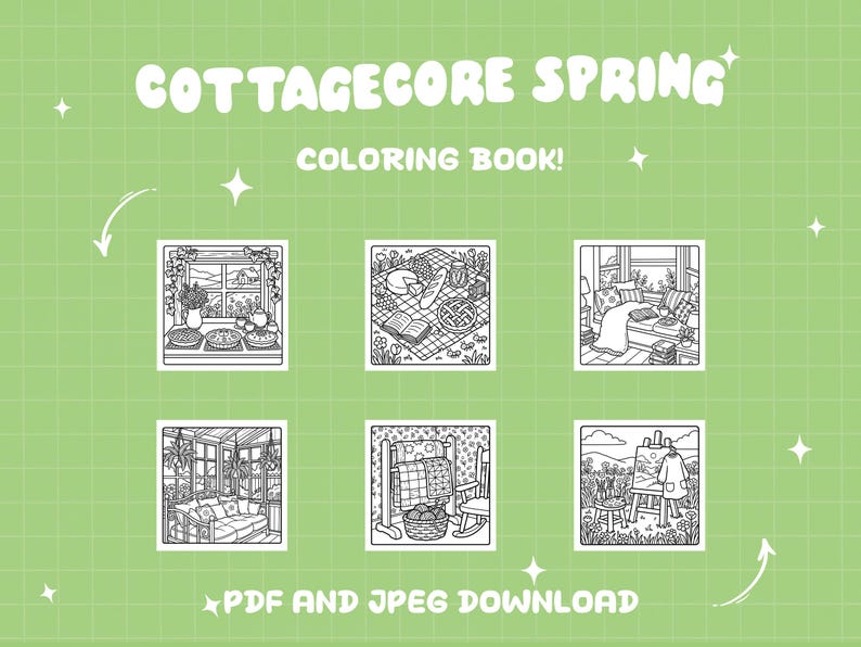 May include: A green background with the words "COTTAGECORE SPRING COLORING BOOK!" in a whimsical font. The image features six square illustrations of cottagecore scenes, with the text "PDF AND JPEG DOWNLOAD" at the bottom.