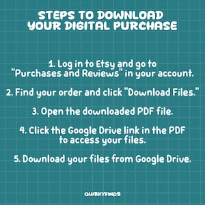 May include: A teal background with a grid pattern and white text that reads "STEPS TO DOWNLOAD YOUR DIGITAL PURCHASE." Instructions include logging into Etsy, finding the order, and downloading files. The text also mentions Google Drive. The logo "QUIRKYFINDS" is at the bottom.
