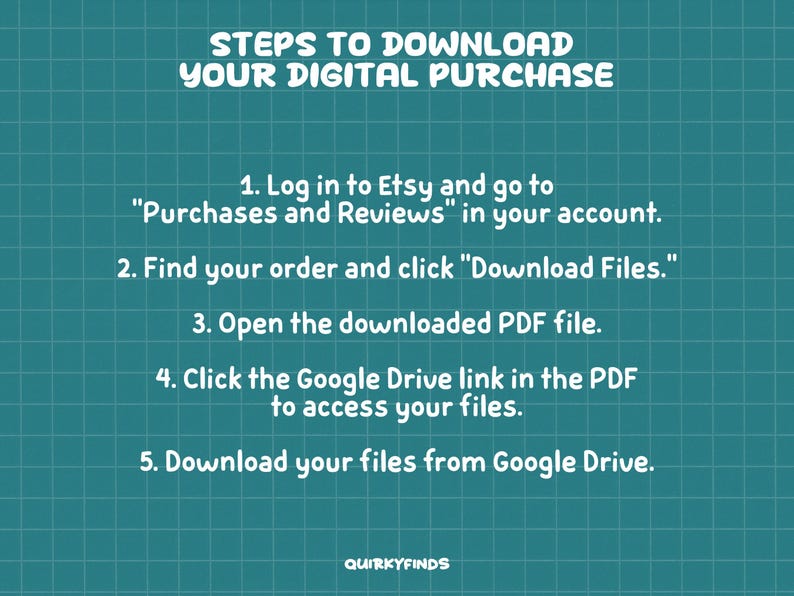 May include: A teal background with a grid pattern and white text that reads "STEPS TO DOWNLOAD YOUR DIGITAL PURCHASE." Instructions include logging into Etsy, finding the order, and downloading files. The text also mentions Google Drive. The logo "QUIRKYFINDS" is at the bottom.