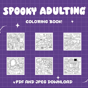 Puede incluir: Un libro de colorear digital titulado SPOOKY ADULTING COLORING BOOK! que presenta seis ilustraciones en blanco y negro de habitaciones desordenadas y escenas dom&eacute;sticas. El fondo morado tiene un patr&oacute;n de cuadr&iacute;cula blanca y el texto PDF AND JPEG DOWNLOAD.