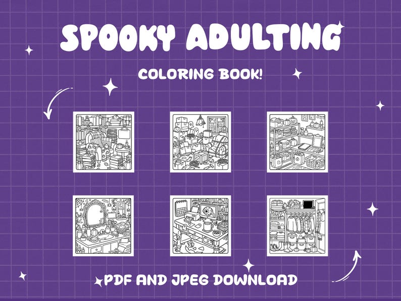 Puede incluir: Un libro de colorear digital titulado SPOOKY ADULTING COLORING BOOK! que presenta seis ilustraciones en blanco y negro de habitaciones desordenadas y escenas dom&eacute;sticas. El fondo morado tiene un patr&oacute;n de cuadr&iacute;cula blanca y el texto PDF AND JPEG DOWNLOAD.