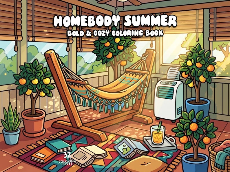 May include: A colorful illustration of a cozy outdoor scene with a hammock, potted orange trees, and open books. The text "HOMEBODY SUMMER BOLD & COZY COLORING BOOK" is displayed at the top. A refreshing drink sits on a tray.