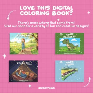 May include: Four digital coloring book covers featuring illustrations of a country girl, a kawaii dinosaur, a country girl camping, and a kawaii town. The covers are all in a cartoon style and have a pink background.