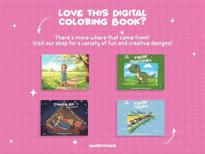 May include: Four digital coloring book covers featuring illustrations of a country girl, a kawaii dinosaur, a country girl camping, and a kawaii town. The covers are all in a cartoon style and have a pink background.