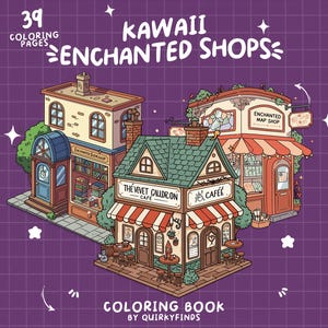 Puede incluir: Una portada de libro para colorear con tres tiendas caprichosas: una librería encantada, un café y una tienda de mapas. La portada dice "KAWAII ENCHANTED SHOPS" y "39 PÁGINAS PARA COLOREAR" sobre un fondo de cuadrícula púrpura. El libro es de Quirkyfinds.