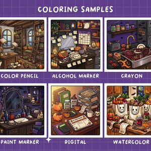 Puede incluir: Una cuadr&iacute;cula de seis ilustraciones cuadradas titulada COLORING SAMPLES, que muestra diferentes medios art&iacute;sticos. Las im&aacute;genes representan una biblioteca, un escritorio, una cocina, un ba&ntilde;o, un espacio de trabajo y una escena de compras, con temas de oto&ntilde;o y Halloween.