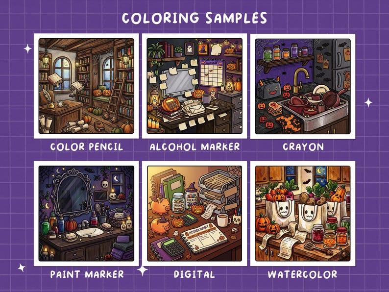 Puede incluir: Una cuadr&iacute;cula de seis ilustraciones cuadradas titulada COLORING SAMPLES, que muestra diferentes medios art&iacute;sticos. Las im&aacute;genes representan una biblioteca, un escritorio, una cocina, un ba&ntilde;o, un espacio de trabajo y una escena de compras, con temas de oto&ntilde;o y Halloween.