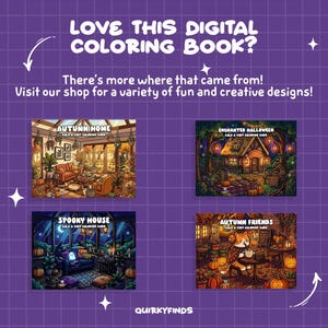 Puede incluir: Un anuncio de libro para colorear digital sobre un fondo de cuadr&iacute;cula morado con el texto LOVE THIS DIGITAL COLORING BOOK? There's more where that came from! Visit our shop for a variety of fun and creative designs! que presenta cuatro ilustraciones: Autumn Home, Enchanted Halloween, Spooky House y Autumn Friends.