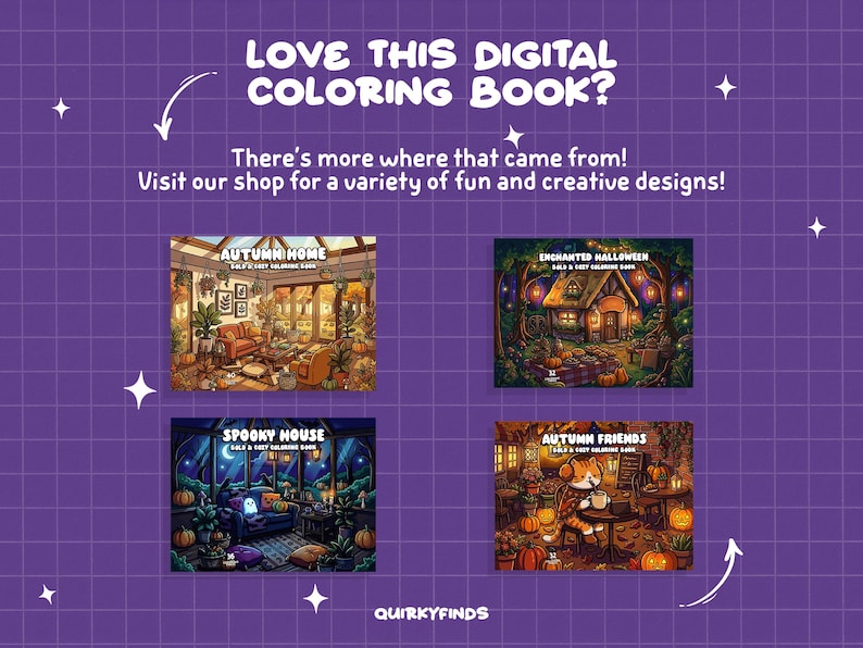 Puede incluir: Un anuncio de libro para colorear digital sobre un fondo de cuadr&iacute;cula morado con el texto LOVE THIS DIGITAL COLORING BOOK? There's more where that came from! Visit our shop for a variety of fun and creative designs! que presenta cuatro ilustraciones: Autumn Home, Enchanted Halloween, Spooky House y Autumn Friends.
