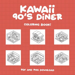 Puede incluir: P&aacute;ginas para colorear en blanco y negro de un interior de un restaurante de los a&ntilde;os 90 con cabinas, mesas y un mostrador. El texto "Kawaii 90's Diner Coloring Book!" est&aacute; en la parte superior de la imagen. El texto "PDF and PNG Download" est&aacute; en la parte inferior de la imagen.