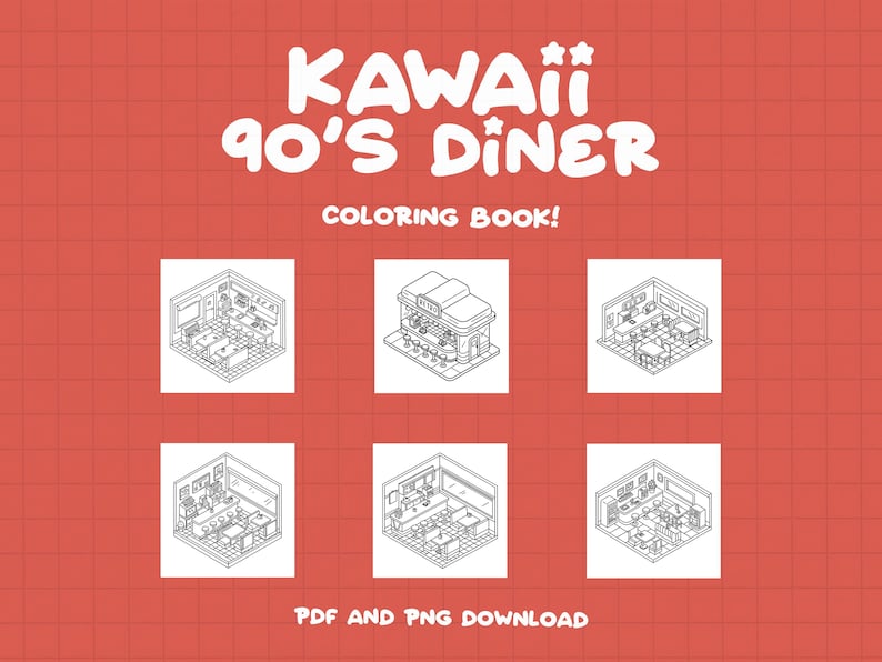 Puede incluir: P&aacute;ginas para colorear en blanco y negro de un interior de un restaurante de los a&ntilde;os 90 con cabinas, mesas y un mostrador. El texto "Kawaii 90's Diner Coloring Book!" est&aacute; en la parte superior de la imagen. El texto "PDF and PNG Download" est&aacute; en la parte inferior de la imagen.