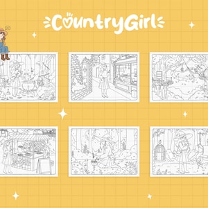 Country Girl Magical Days coloring book pages – whimsical cottagecore and magical countryside scenes for adults, fantasy witch, enchanted forest, instant download printable coloring book