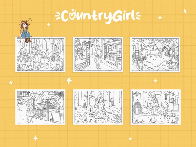 Country Girl Magical Days coloring book pages – whimsical cottagecore and magical countryside scenes for adults, fantasy witch, enchanted forest, instant download printable coloring book