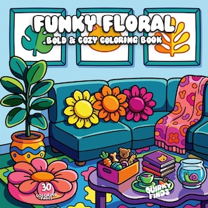Leuk bloemen kleurboek, retro kleurplaten, groovy, gezellige hygge kleurplaten, interieur kleurplaten, gedurfde, makkelijke kleurplaten, trendy, printbare kleurplaten voor volwassenen en tieners.