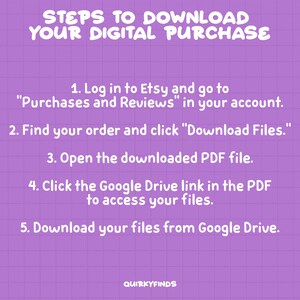 Puede incluir: Un gr&aacute;fico rosa y blanco con un patr&oacute;n de cuadr&iacute;cula y texto blanco que dice "STEPS TO DOWNLOAD YOUR DIGITAL PURCHASE". El texto enumera cinco pasos para descargar una compra digital de Etsy.
