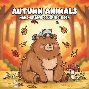 May include: A hand-drawn colouring book titled "Autumn Animals." The cover features a brown bear with a raccoon on its head, surrounded by falling leaves and a mushroom. The background shows a forest with autumn colours. The book has 20 colouring pages.