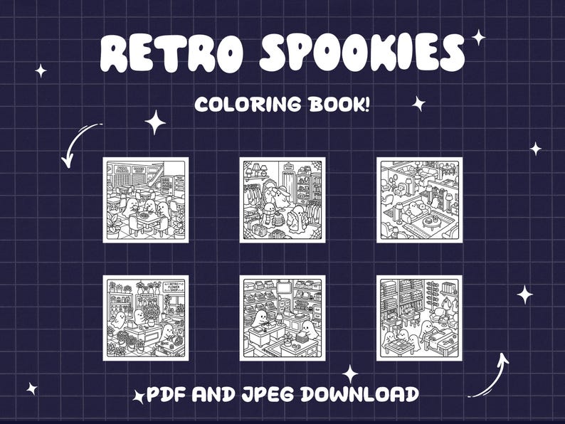 May include: A digital coloring book titled RETRO SPOOKIES featuring six black and white line art illustrations of ghosts in various indoor settings. The layout includes the text RETRO SPOOKIES, COLORING BOOK!, and PDF AND JPEG DOWNLOAD.