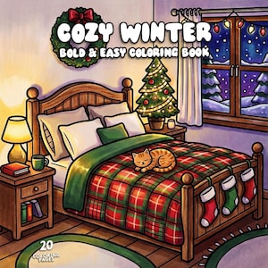 Puede incluir: Ilustración de una acogedora escena invernal con un árbol de Navidad decorado, una cama con una manta a cuadros y un gato durmiendo. La imagen incluye el texto "COZY WINTER BOLD & EASY COLORING BOOK".