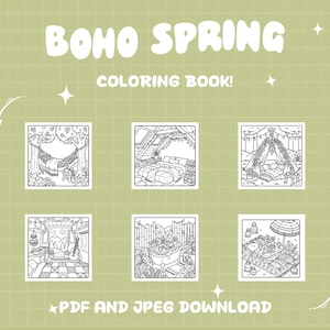 以下が含まれることがあります： 「Boho Spring」というタイトルのデジタル塗り絵本。ボヘミアンスタイルの部屋や屋外のシーンの6つの白黒イラストが描かれています。「PDF AND JPEG DOWNLOAD」というテキストが下部にあり、薄い緑色のグリッドの背景があります。