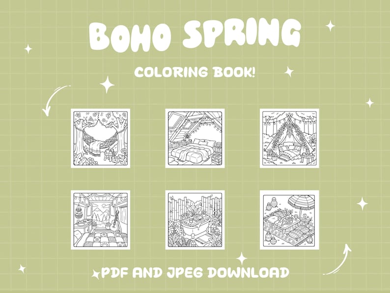 以下が含まれることがあります： 「Boho Spring」というタイトルのデジタル塗り絵本。ボヘミアンスタイルの部屋や屋外のシーンの6つの白黒イラストが描かれています。「PDF AND JPEG DOWNLOAD」というテキストが下部にあり、薄い緑色のグリッドの背景があります。