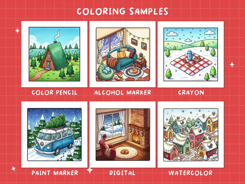 May include: A grid of six colorful illustrations labeled "Coloring Samples." Each image showcases a different winter scene, including a cabin, cozy living room, picnic, van with a Christmas tree, fireplace, and a village. The text below each image indicates the coloring medium used.