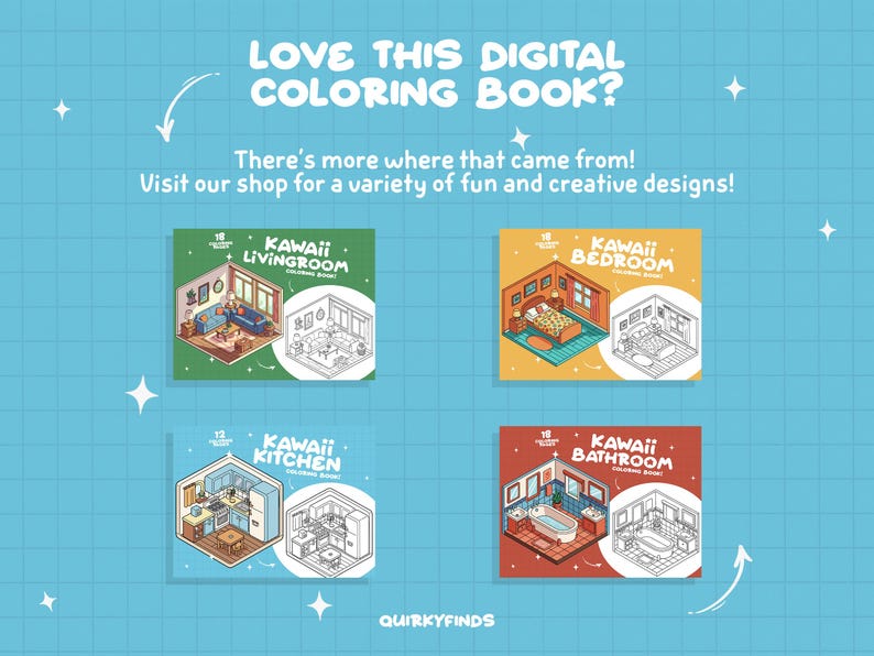 May include: Four digital coloring book covers featuring kawaii-style illustrations of a living room, bedroom, kitchen, and bathroom. Each cover has a colored version of the room on the left and a black and white outline on the right. The text on each cover reads "Kawaii [Room Name] Coloring Book".