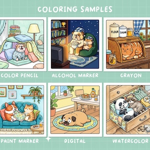 May include: A collection of six colorful illustrations showcasing coloring samples. Each image features adorable animals in cozy settings, including a dog in a blanket fort, a bulldog watching TV, and a cat in a breadbox. The text "COLORING SAMPLES" is at the top.