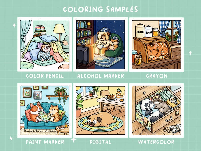 May include: A collection of six colorful illustrations showcasing coloring samples. Each image features adorable animals in cozy settings, including a dog in a blanket fort, a bulldog watching TV, and a cat in a breadbox. The text "COLORING SAMPLES" is at the top.