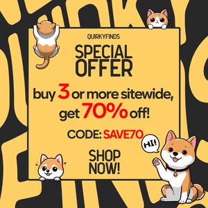 K&ouml;nnte beinhalten: Gelbe Werbegrafik mit dem Text "SPECIAL OFFER" und "buy 3 or more sitewide, get 70% off!". Die Grafik enth&auml;lt Cartoon-Katzen und -Hunde sowie den Text "SHOP NOW!".