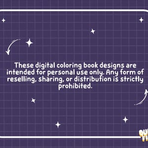 May include: A digital coloring book design notice on a dark purple background with a white grid pattern and star illustrations. The text states the designs are for personal use only, with reselling, sharing, or distribution prohibited. The Quirky Finds logo is in the bottom right corner.