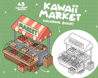 Market Coloring Cart Store Coloring Booth Tiny Coloring Book Digital Cute Food Coloring Vegetable Fruit Coloring Printable Color Pages Adult