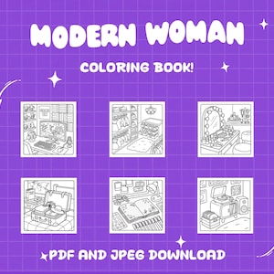 Printable adult coloring pages for women showing modern home scenes, self care routines, and relaxing everyday moments