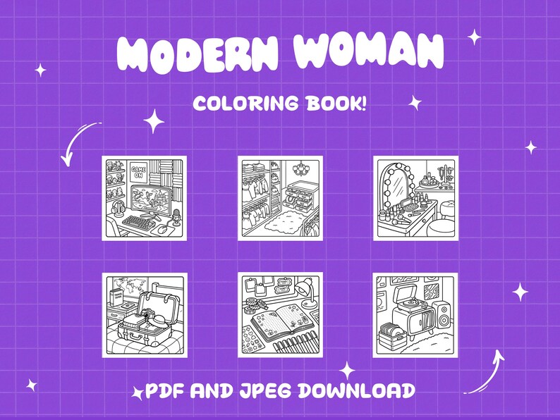 Printable adult coloring pages for women showing modern home scenes, self care routines, and relaxing everyday moments