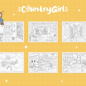 Country Girl Magical Days coloring book pages – whimsical cottagecore and magical countryside scenes for adults, fantasy witch, enchanted forest, instant download printable coloring book
