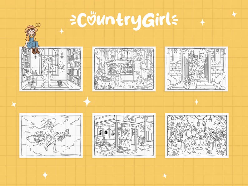 Country Girl Magical Days coloring book pages – whimsical cottagecore and magical countryside scenes for adults, fantasy witch, enchanted forest, instant download printable coloring book