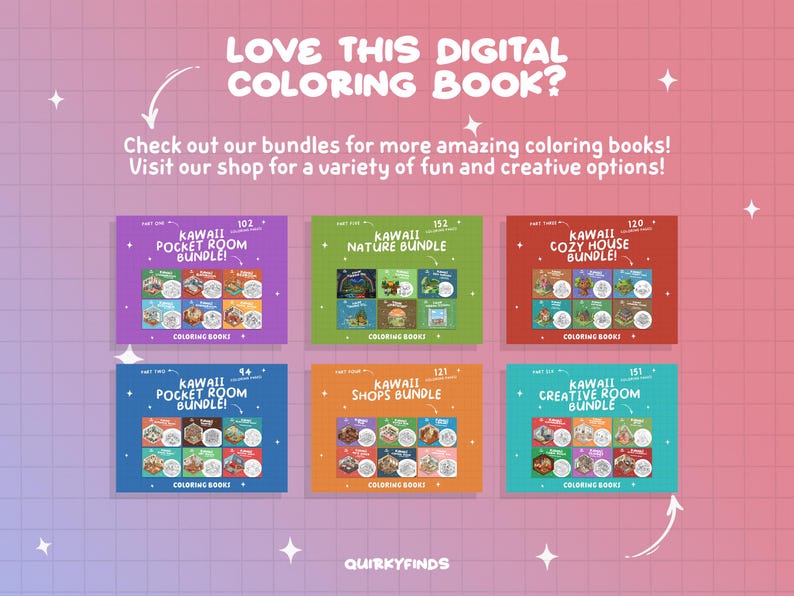 May include: Six colorful digital coloring book bundles featuring kawaii illustrations. The bundles are titled "Kawaii Pocket Room Bundle", "Kawaii Nature Bundle", "Kawaii Cozy House Bundle", "Kawaii Pocket Room Bundle", "Kawaii Shops Bundle", and "Kawaii Creative Room Bundle".