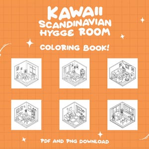 May include: A coloring book with six black and white illustrations of Scandinavian-style living rooms. The title of the book is "Kawaii Scandinavian Hygge Room Coloring Book!" with a star design on the cover.