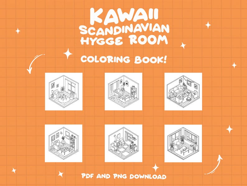 May include: A coloring book with six black and white illustrations of Scandinavian-style living rooms. The title of the book is "Kawaii Scandinavian Hygge Room Coloring Book!" with a star design on the cover.