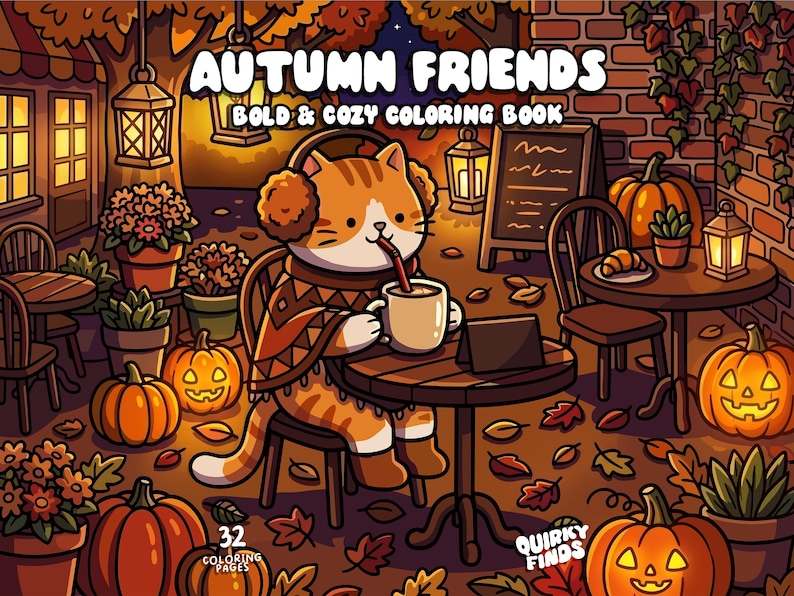 Cute Autumn Coloring Book, Cozy Fall Coloring Pages, Fall Animals Coloring, Bold Easy Coloring for Adults Kids, Printable Instant Download image 1