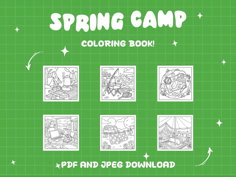 May include: A green background with a grid pattern and the words "SPRING CAMP COLORING BOOK!" in white. Below are six black and white illustrations of camping scenes, with the text "PDF AND JPEG DOWNLOAD" at the bottom.