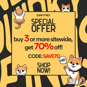 Peut inclure: Un graphique jaune et noir avec un chien et un chat de dessin anim&eacute;. Le texte dit "QUIRKYFINDS OFFRE SP&Eacute;CIALE achetez 3 articles ou plus sur tout le site, obtenez 70% de r&eacute;duction ! CODE : SAVE70 ACHETEZ MAINTENANT ! SALUT !"