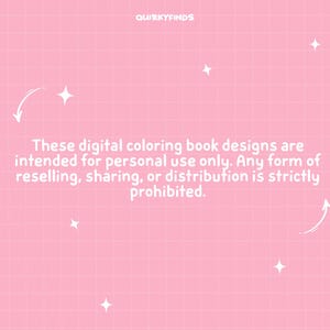 May include: Pink background with a grid pattern, white stars, and curved arrows. Text reads: "These digital coloring book designs are intended for personal use only. Any form of reselling, sharing, or distribution is strictly prohibited."