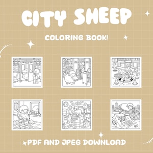 May include: A tan background features the text "CITY SHEEP" and "COLORING BOOK!" in a playful font. Below are six black and white illustrations of sheep in various city settings. The text "PDF AND JPEG DOWNLOAD" is at the bottom.