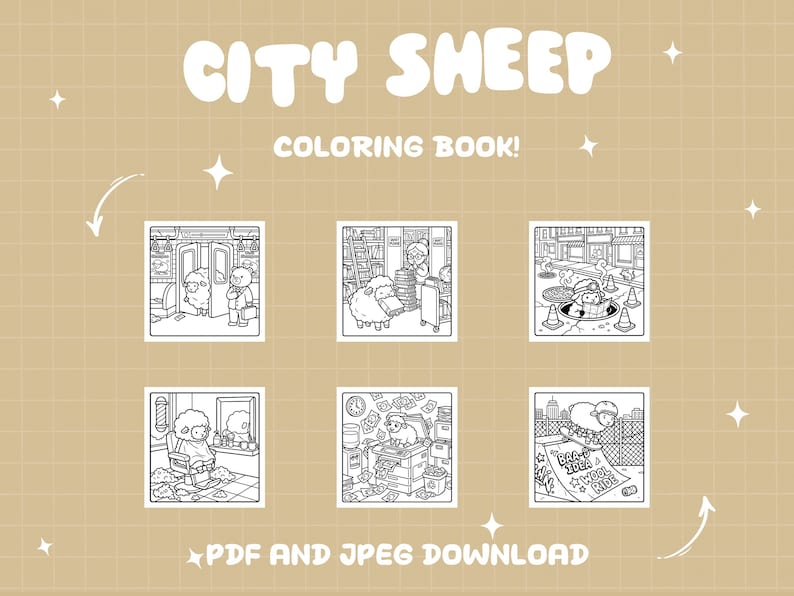 May include: A tan background features the text "CITY SHEEP" and "COLORING BOOK!" in a playful font. Below are six black and white illustrations of sheep in various city settings. The text "PDF AND JPEG DOWNLOAD" is at the bottom.