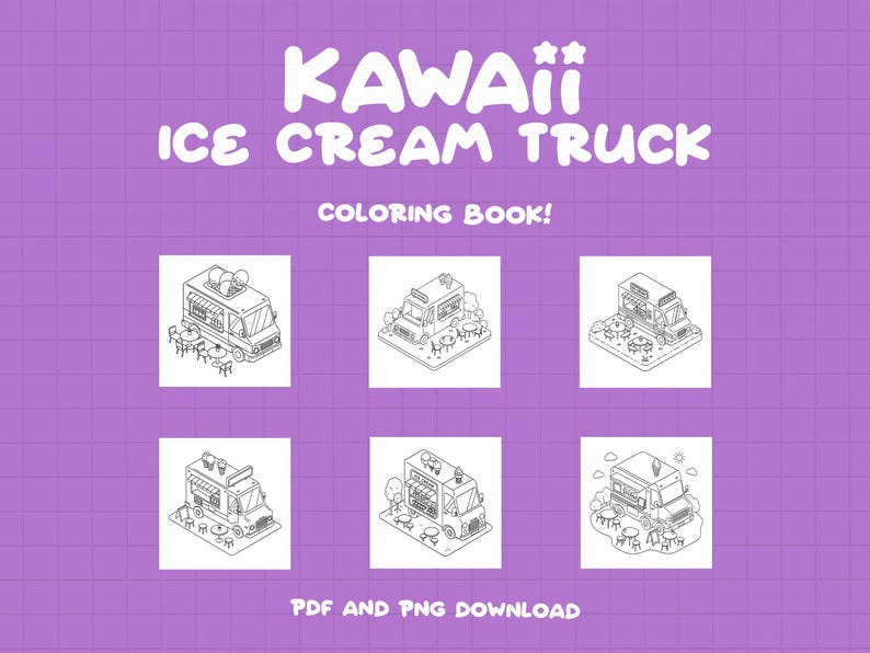 Puede incluir: Seis dibujos en blanco y negro de un cami&oacute;n de helados kawaii con una variedad de ingredientes. El texto "KAWAII ICE CREAM TRUCK COLORING BOOK!" est&aacute; en la parte superior de la imagen. El texto "PDF AND PNG DOWNLOAD" est&aacute; en la parte inferior de la imagen.