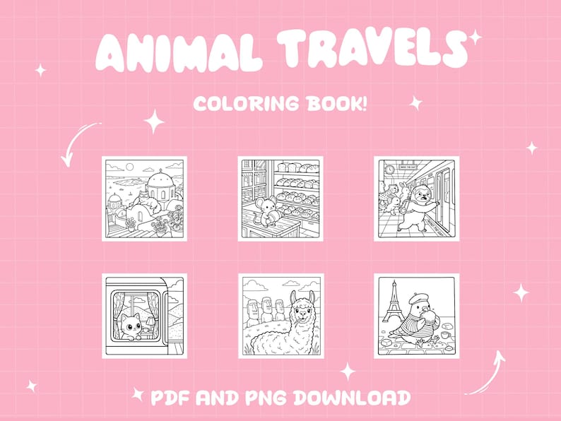 May include: A pink background with the words "ANIMAL TRAVELS" and "COLORING BOOK!" in white. Six square illustrations of animals in various travel settings, including a cat in a train and a bird in Paris. Text at the bottom reads "PDF AND PNG DOWNLOAD".