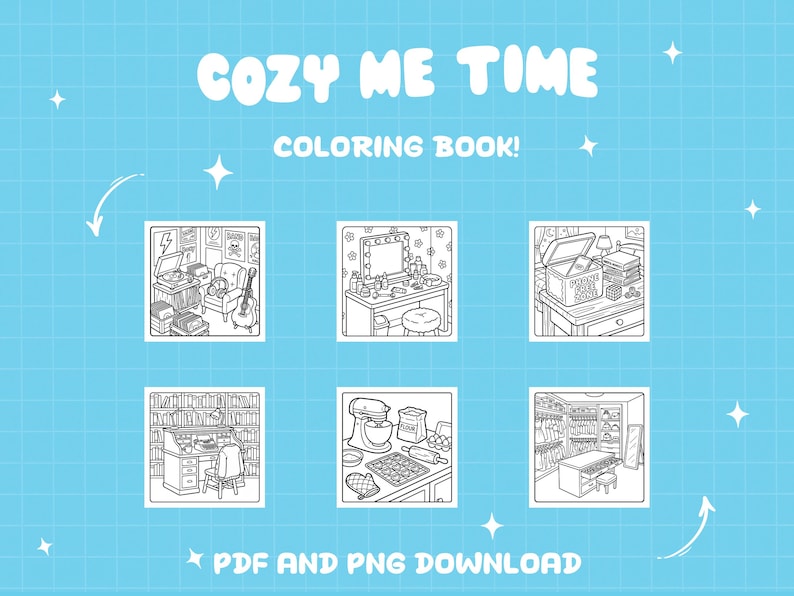 Może przedstawiać: Niebieskie tło z białymi napisami &bdquo;COZY ME TIME&rdquo; i &bdquo;COLORING BOOK!&rdquo;. Obraz zawiera sześć czarno-białych ilustracji przytulnych scen, w tym pokoju muzycznego, toaletki i kuchni. Tekst na dole brzmi &bdquo;PDF AND PNG DOWNLOAD&rdquo;.